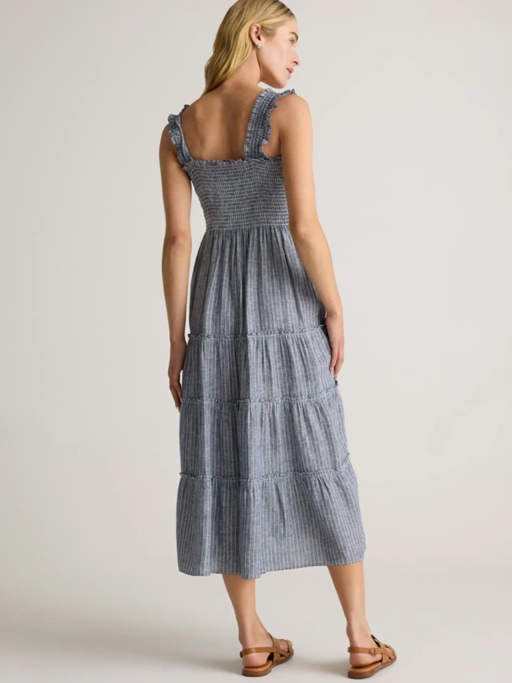 Quince Blue Striped Smocked Linen Midi Dress - Picture 3 of 10